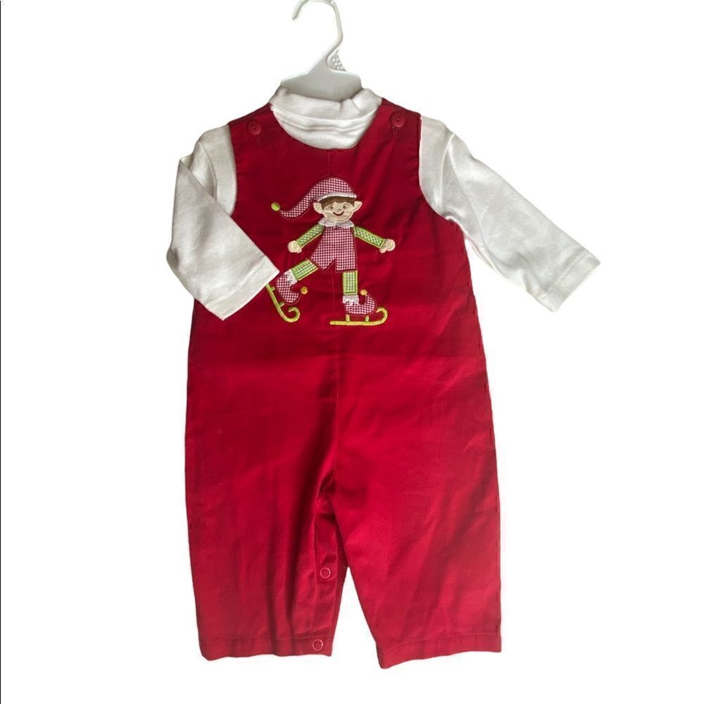 ZU Infant Kids' Ice Skating Elf On Christmas Corduroy Turtleneck Jumpsuit Red 6M
